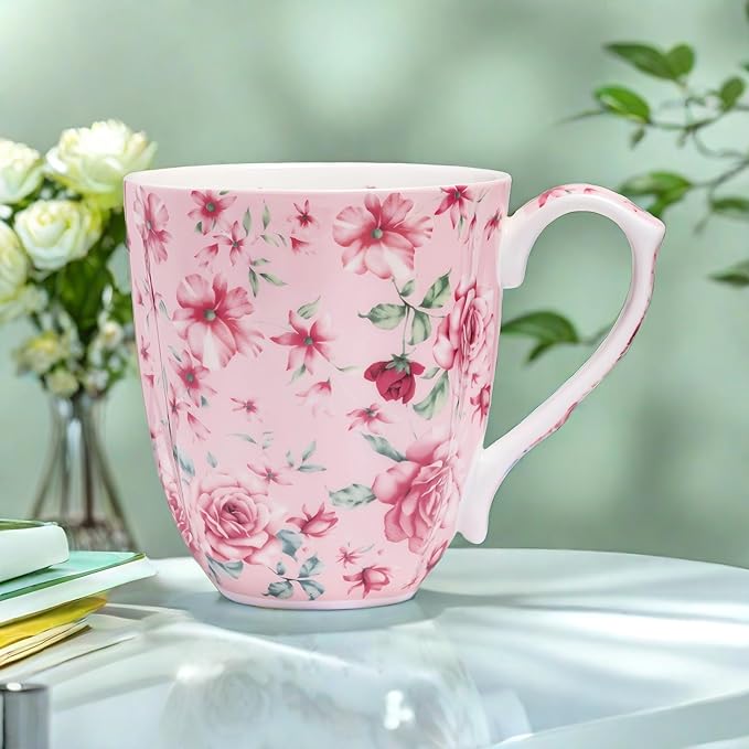 14oz Bone China Coffee Mugs for Women Floral Coffee Mug Tea Cups Novetly Coffee Cups Gift for Women Mom Friends (Pink rose)