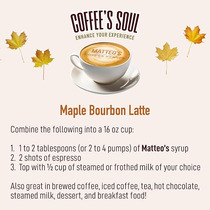 Matteo's Maple Bourbon Syrup for Coffee, Lattes, Cappuccinos & Desserts – Sugar-Free Sweetener for Beverages, Keto Friendly, Zero Calories, Indulgent Flavor, Non-Alcoholic, 33.8oz (6pk)