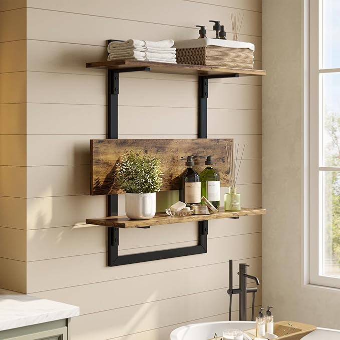 Bestier Floating Shelves for Wall, 24 inch Kitchen Shelves Wall Mounted, 3 Tier Coffee Bar Shelf with Foldable Brackets, Industrial Display Shelf for Bathroom, Living Room, Rustic Brown