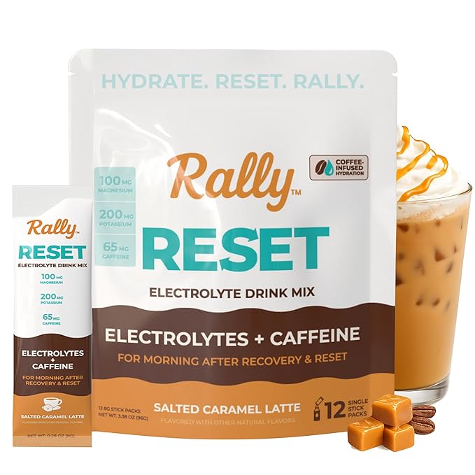 Rally Reset Instant Coffee Packets – Salted Caramel Latte Mix with MCT Oil, Caffeine, Vitamin B12 & Vitamin C – Functional Single-Serve Coffee Sticks, Low Sugar | 36 Sticks