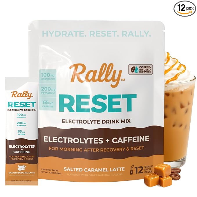 Rally Reset Instant Coffee Packets – Salted Caramel Latte Mix with MCT Oil, Caffeine, Vitamin B12 & Vitamin C – Functional Single-Serve Coffee Sticks, Low Sugar | 12 Sticks