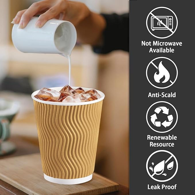 Lamosi Disposable Coffee Cups 8 OZ 100 Pack Champagne, Paper Coffee Cups 8 OZ for Hot Drinks or Cold Beverages, Insulated Corrugated Ripple Wall Cup No Lids for Office, Cafe, Home or Travel
