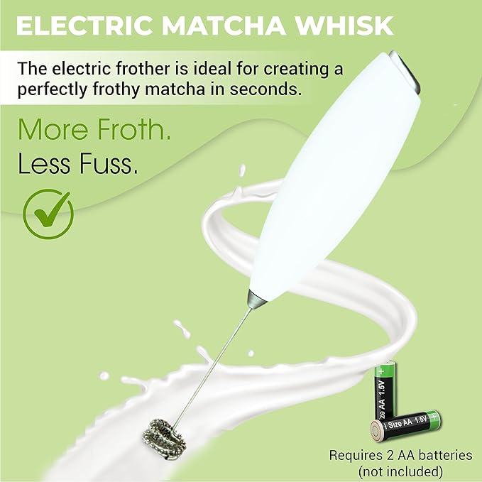 Matcha Whisk Set with Matcha Bowl - Matcha Set Included Electric Frother, Bamboo Whisk, Matcha Spoon, Bamboo Holder, Sifter, Spoon Stand (Wavy White)