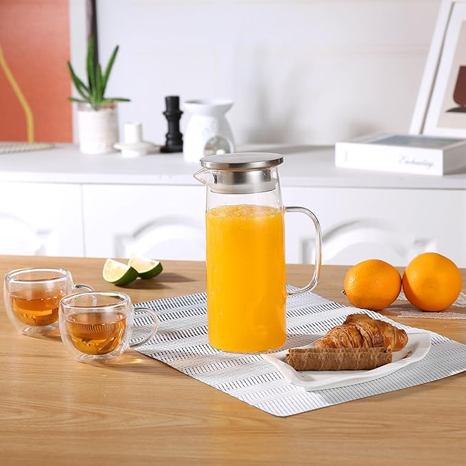 Glass Pitcher With Lid and Spout - Iced Tea and Beverage Pitcher for Fridge, Small Water Jug 1000ml/34oz