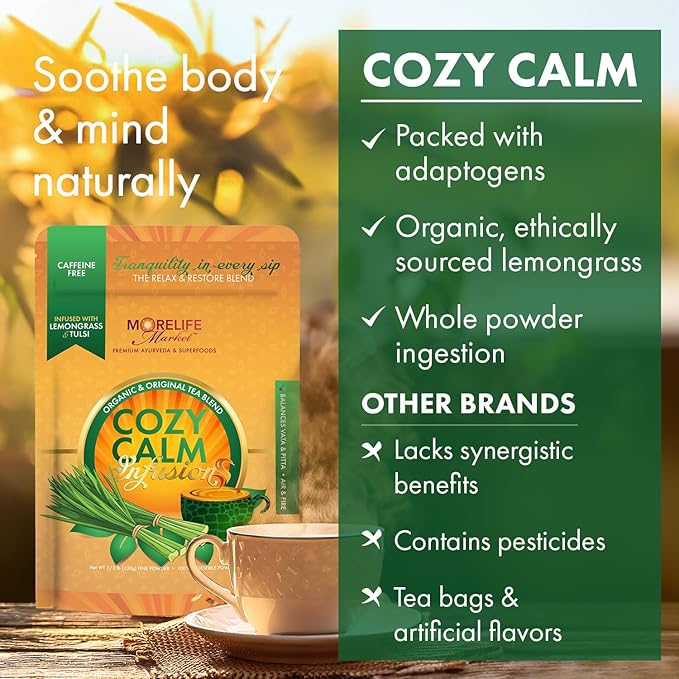 MoreLife Market Cozy Calm Tea | Herbal Infusion with Lemongrass, Tulsi & Licorice | Supports Meditation, Relieves Vata & Pitta | Ayurvedic Tea for Relaxation & Gut Balance - 8oz (230g)