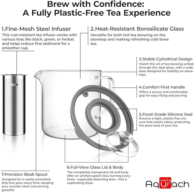 Aquach 68oz Glass Teapot with Infuser - Stovetop & Dishwasher Safe, Plastic-Free Borosilicate Glass Tea Kettle for Loose Leaf & Iced Tea