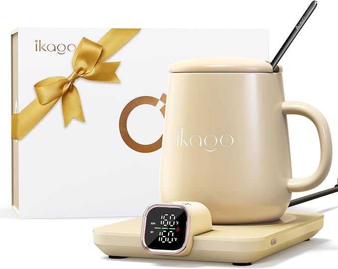 Coffee Mug Warmer Set, ±1°F Precision Temperature Control Smart Heated Mug for Desk, Electric Coffee Warmer with Auto Shut Off & Real-Time Temp Display, Gifts for Men Women, 15oz Ceramic Mug, Beige