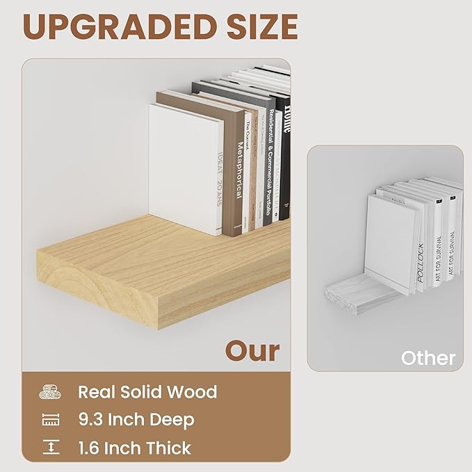 Fun Memories Deep Floating Shelves, Solid Wood Floating Shelves Wall Mounted, 9.3" Deep Wall Shelf for Living Room, Bedroom, 36 x 9 Large Floating Shelf for Books, Burlywood, Set of 2