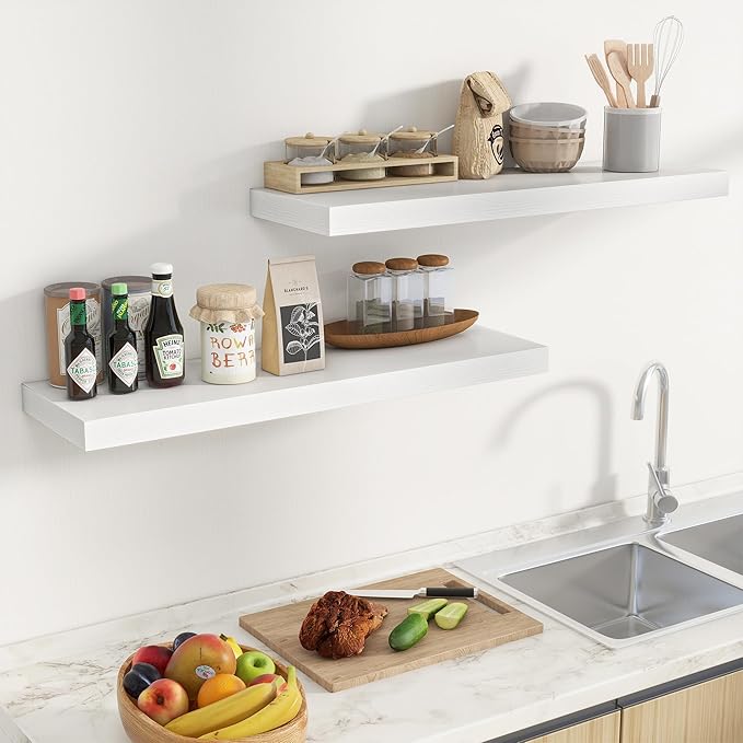 Fun Memories Floating Shelves Set of 2, 36 Inch Long Wooden Wall Shelves, 10 Inch Deep Wall Mounted Storage Shelf with Metal Brackets for Living Room, Bathroom, Bedroom and Kitchen, White