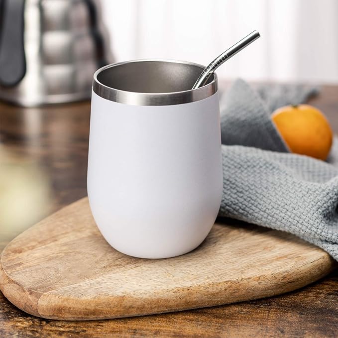 COMOOO Stainless Steel Wine Tumbler with Lid and Straw 12oz Double Wall Vacuum Insulated Travel Tumbler Cup for Coffee, Wine, Cocktails, Champagne (Black White Silver and Rose Gold,6 Pack)
