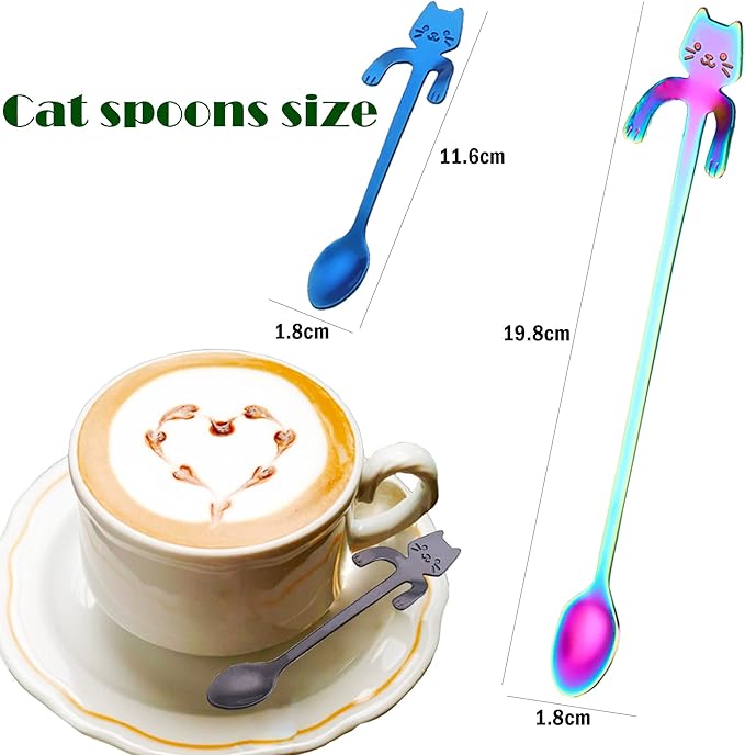 6 PCS Cat Spoon Coffee Tea spoon Set, ESRISE Stainless Steel Mini Long Cute Kitten Stirring Teaspoons for Dessert Drink Mixing Milkshake (Multi)