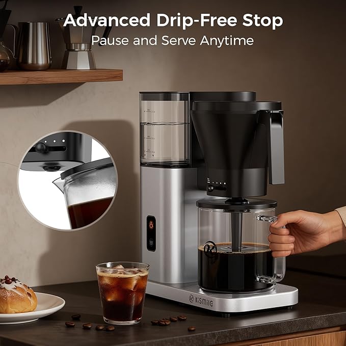 Kismile 8-Cup Drip Coffee Maker,Automatic pour over coffee machine,Portable Stainless Steel Coffee Maker, Dishwasher Safe, SCA Certified, 1300L/44 ounce, Hot & Iced, Silver