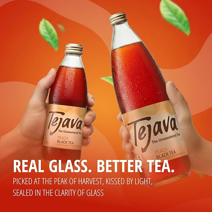 Tejava Peach Black Iced Tea, 12 Pack, 12oz Glass Bottles, Unsweetened, Non-GMO, Kosher, No Sugar or Sweeteners, No calories, No Preservatives, Brewed in Small Batches