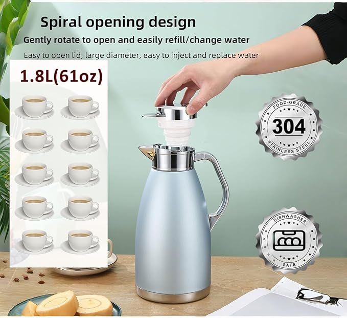 304 Stainless Steel Double-layer Inner Kettle 64oz Large Capacity Suitable for Storing Hot Water, Tea, Coffee, Ice Cubes, etc. Frosted Body Anti-dirty, Water Stains, etc. (Natural Color)