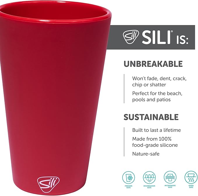 Silipint 16oz Silicone Pint Glass – Unbreakable BPA-Free Reusable Silicone Drinking Cup – Flexible Dishwasher Microwave & Freezer Safe – Stemless Glass for Water Coffee Smoothies (Classic Red)