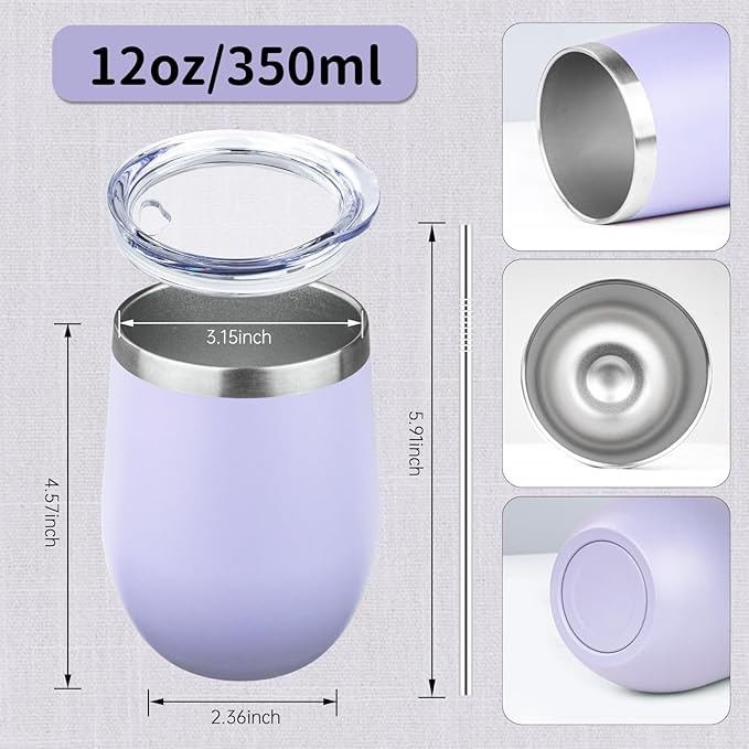 12oz/4 Pack Stainless Steel Wine Tumbler with Lids, Double WallVacuum Stainless Steel Travel Tumbler,Insulated Wine GlassesTravel Tumbler for Cold & Hot Drinks,Cup for Champaign Coffee(Cool color)