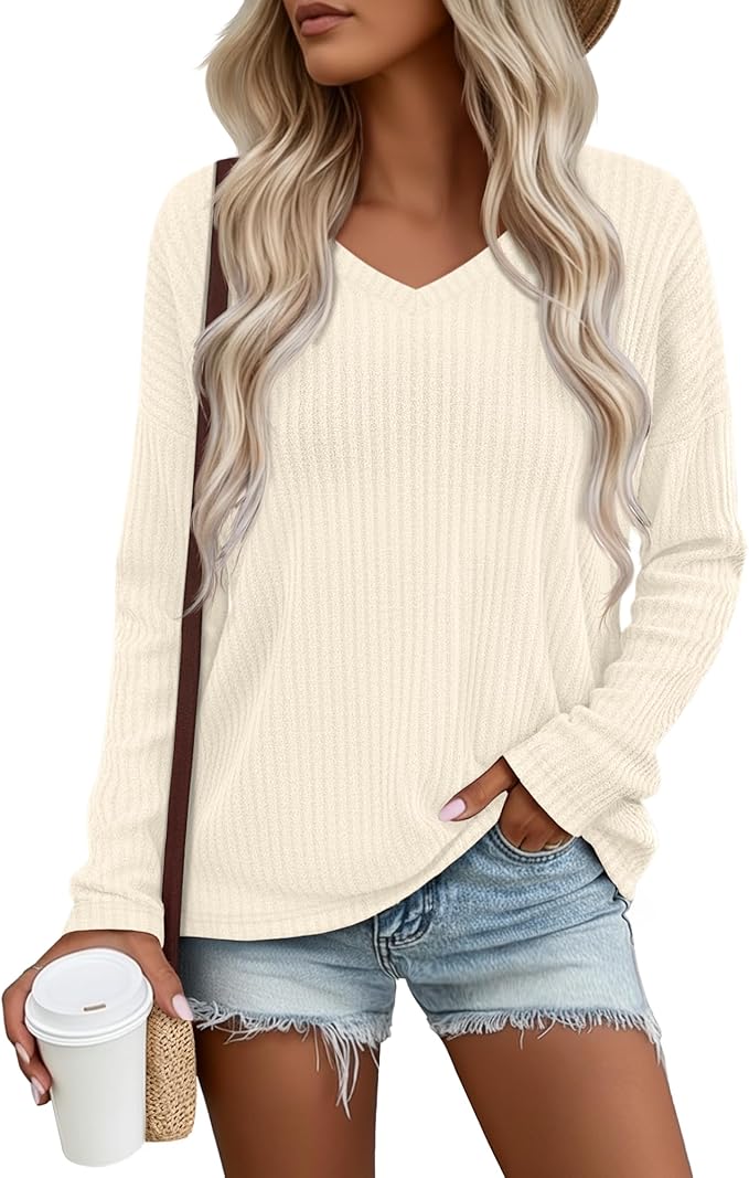 Women's V Neck Sweater Long Sleeve Knit Oversized Shirt Loose Lightweight Fall Casual Pullover Sweater Top