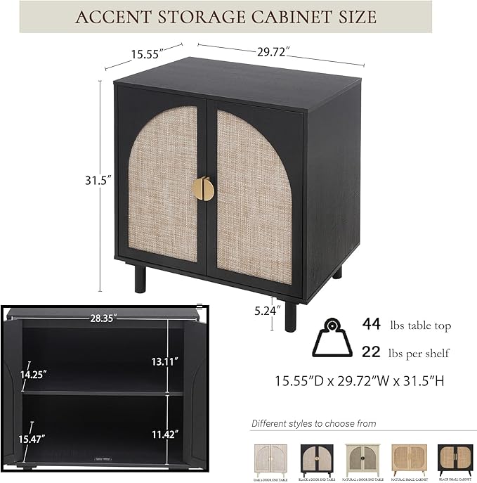 Sideboard Buffet Cabinet, 2-Door Rattan Cabinet, Coffee Bar with Adjustable Shelf, Wood Credenza for Living Room, Dining Room, Entryway, Black