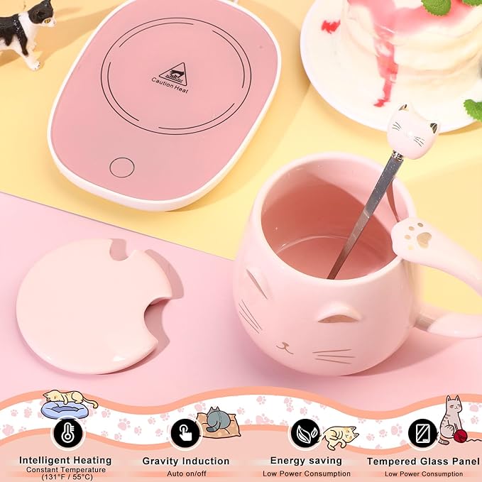 Cat Coffee Cup Warmer Coffee Warmer with Mug for Women Electric Coffee Mug Heater Temperature Control Ceramic Cute Cat Smart Coffee Warmer for Office Christmas Birthday Gift (Pink)