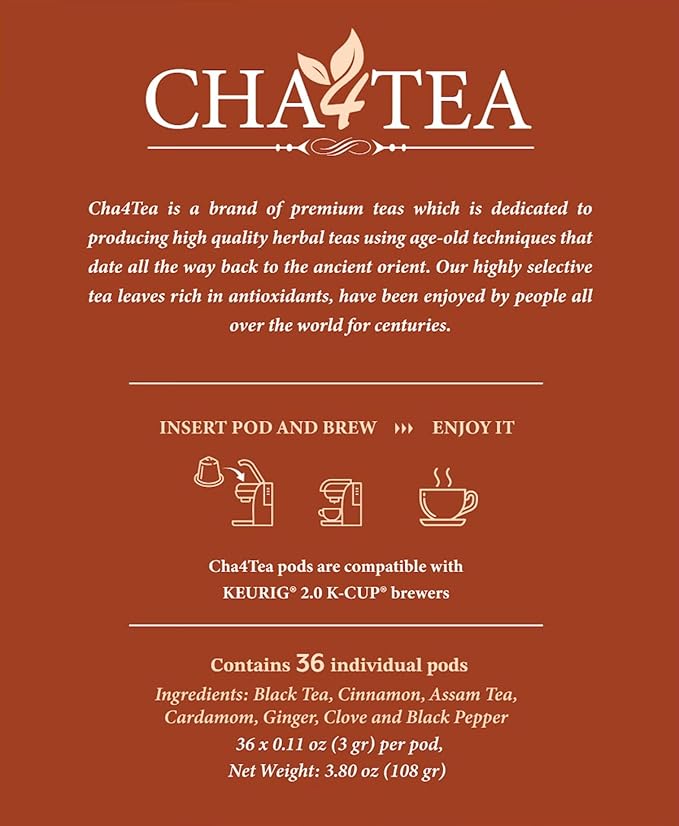 Cha4TEA 36-Count Chai Black Tea Pods for Keurig K-Cup Brewers