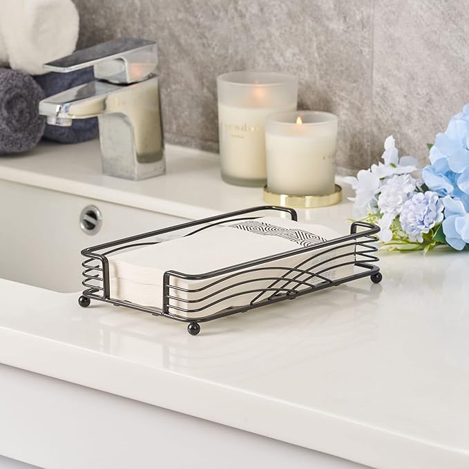 Black Guest Towel Holder Tray for Bathroom – Disposable Paper Hand Towel Holder, Rectangle Napkin Organizer for Powder Room, Modern Guest Napkin Holder for Bathroom Countertop Use