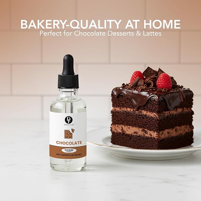 Dolce Flav Natural Chocolate Extract – 2 Ounce Water-Soluble Kosher, Sugar-Free, Concentrated Chocolate Flavor for Baking, Coffee, Ice Cream, Smoothies & Desserts, Includes Measured Dropper