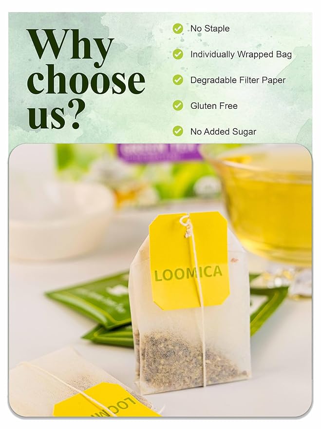 LOOMICA Organic Jasmine Green Tea Bags, Organic Green Tea with Jasmine Flowers, Refreshing & Aromatic, Floral Infusion for Relaxation, No Sugar Added, 20 Counts, (Pack of 2)