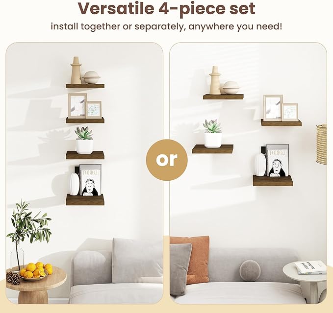 Fun Memories Square Floating Shelves for Wall - 9.3 Inch Deep Floating Shelves with Invisible Brackets, Brown Small Wall Shelf for Living Room, Bathroom, Bedroom, and Kitchen Decor，Set of 4