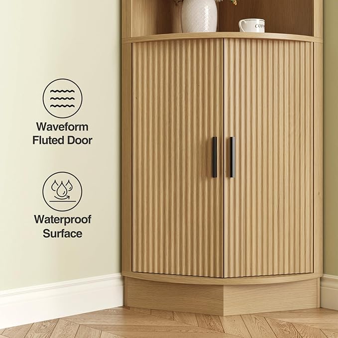 64.9" Tall Corner Cabinet, Modern Fluted Storage Cabinet with Glass Door and 5 Storage Shelves, Space Saver for Kitchen, Bathroom, Living Room, Natural