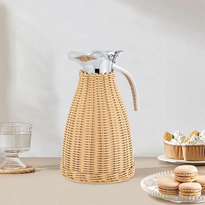 Stainless Steel Coffee Thermal Jug Natural Rattan 1.5L/0.4 Gal Double Walled Vacuum Insualted Jug with Handmade Rattan Body Insulated Thermal Carafe for Hot Liquids Keeping Hot for Home Coffee Shop
