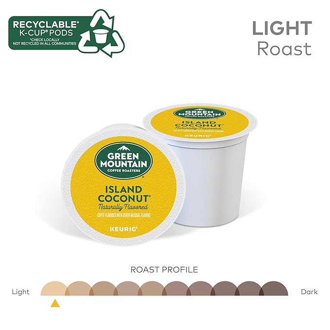 Green Mountain Coffee Roasters Island Coconut, Keurig Single-Serve K-Cup Pod, Flavored Light Roast Coffee Pods, 72 Count