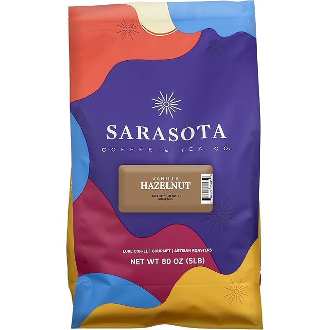 Sarasota Coffee Whole Bean Vanilla Hazelnut | Medium Roast Gourmet Flavored Coffee Beans | Low Acid, Mold Free, Specialty Grade Bulk Beans | 5lb (80 oz)