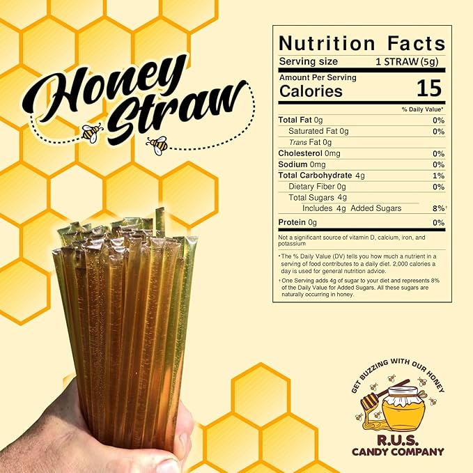 25 Pack Honey Sticks For Tea, Snacking, Honey Straws Packets Single Serve Stir Sticks, Natural Flavor by R.U.S Candy Company- (Clover)
