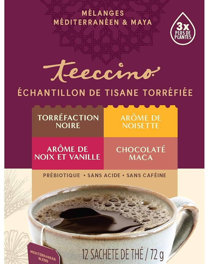 Teeccino Herbal Tea Sampler Assortment - 12 Tea Bags - Maca Chocolaté, French Roast, Hazelnut, Vanilla Nut - Roasted Caffeine Free Herbal Tea, Prebiotic for Natural Energy