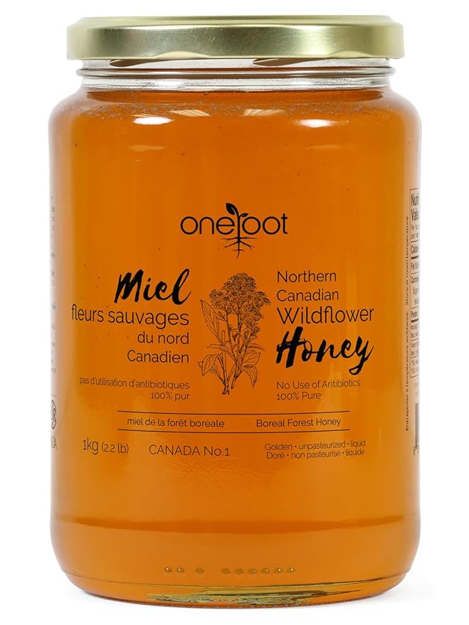 OneRoot Natural Wildflower Honey - 2.2 lbs / 1kg, Pure Canadian Boreal Forest Honey - Unpasteurized, Minimally Filtered & Single-Source - Rich in Enzymes & Antioxidants