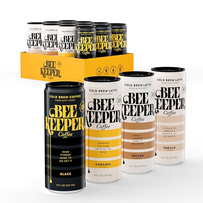 Beekeeper Mocha Latte Cold Brew Coffee Drinks with Oregon Honey | 12 Pack Refreshing Iced Coffee - Unsweetened & Strong Arabica Brew, 8 fl oz Ready-to-Drink Can - 180mg Natural Caffeine
