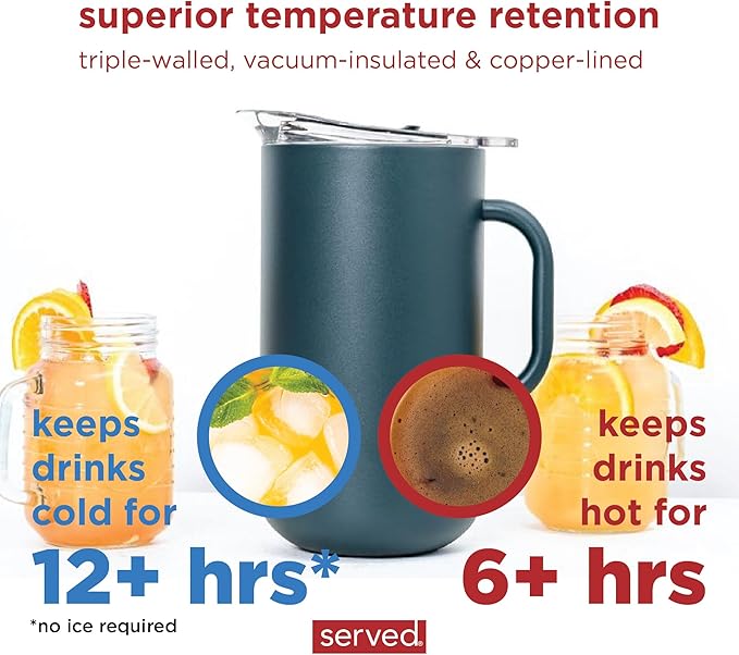 Served Premium Insulated Pitcher (2L/66oz) - Double Walled, Copper Lined Stainless Steel Pitcher with Lid - Vacuum Insulated Carafe for Hot Coffee, Tea, Iced Drinks, Water, Cocktails, and More