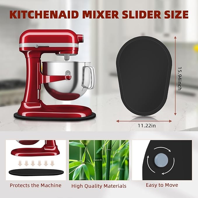 Mixer Slider Compatible with 5.5-8 QT Kitchen Aid Stand Mixers, Kitchen Countertop Storage Mover Sliding Caddy Mixer Slider Mat for Kitchen Aid Stand Mixer Accessories Attachment (Bamboo - Black)