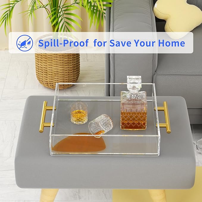 NIUBEE Clear Serving Tray 12x12 Inches -Spill Proof- Acrylic Decorative Tray Organiser for Ottoman Coffee Table Countertop with Round Handles