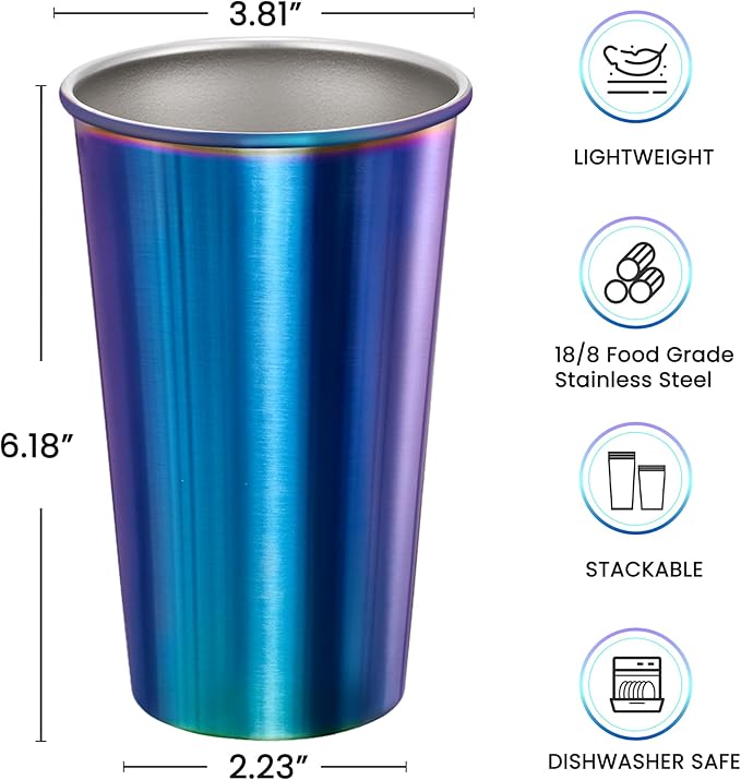 MEWAY 12 Pack 24oz Stainless Steel Pint Cup,Healthy Unbreakable and Stackable,Metal Drinking Glasses，Beer Glasses（Rainbow）