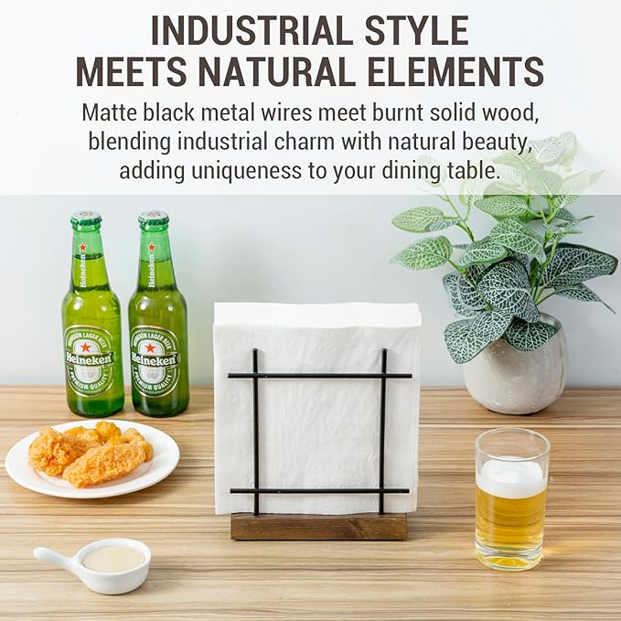 MyGift Matte Black Napkin Holders for Table & Kitchen, Metal Napkin Dispenser with Rustic Burnt Brown Wood Base, Decorative Holder for Paper Mail Bills Home/Dining Decor