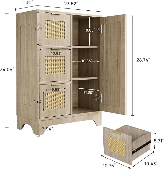ALBAD Boho Sideboard Buffet Cabinet with 3 Storage Drawer Rattan Door and Adjustable Storage Shelves Rustic Farmhouse Coffee Bar for Dining Room, Kitchen, Natural Wood
