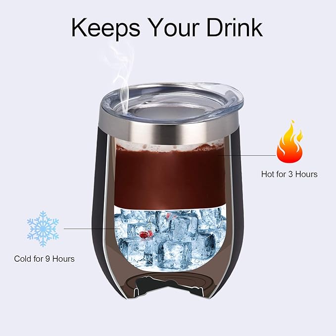 12 Pack Stainless Steel Wine Tumblers, 12Oz Double Wall Vacuum Insulated Wine Tumblers with Lids and Straws, Stainless Steel Stemless Wine Glasses for Coffee, Wine, Cocktails, Champaign, Black