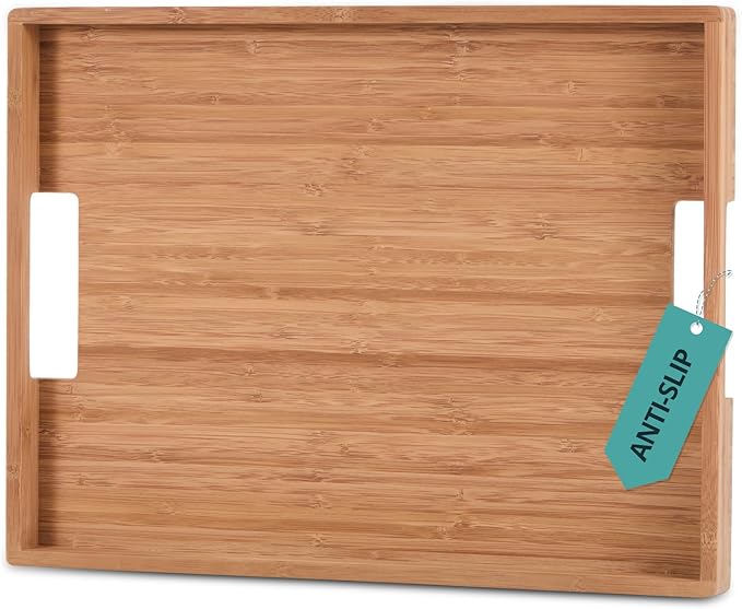 DETOR Serving Tray 17" x 13", Innovative Anti-Slip Coating, Light Walnut Bamboo Finish, Solid Bamboo Board, Decorative & Ottoman Tray for Food, Drinks, and Home Décor