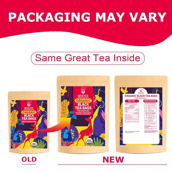 WT WEETEE Organic Black Tea Bags, Organic Black Tea 100 Count, Antioxidant, Caffeinated | Resealable Kraft Bag | Brew Hot or Iced