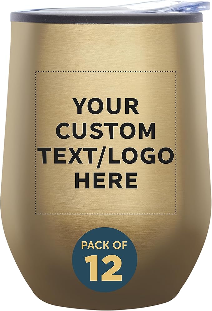 Custom Stemless Wine Tumblers 12 oz. Set of 12, Personalized Bulk Pack - Insulated, Perfect for Wine, Cocktails, Other Hot & Cold Beverages - Gold