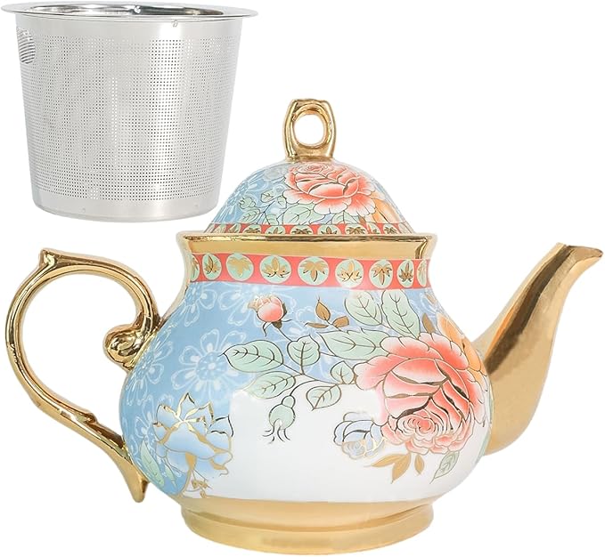 Classic Vintage British Royal Style Ceramic Teapot, 30OZ Large Teapot Perfect for Everyday Gatherings (Golden, Large)