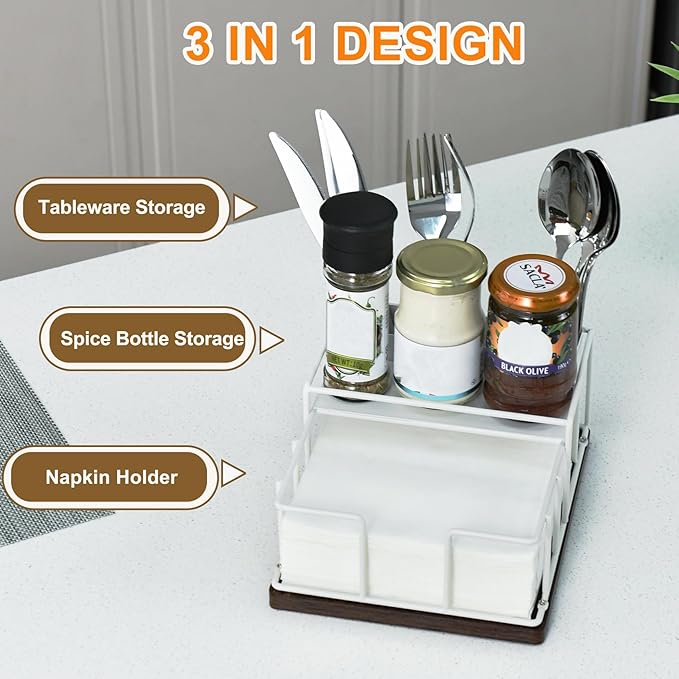 Napkin Holder for Paper Napkins,Flat Napkin And Utensils Holder For Kitchen Dining Table Wood Black Napkin Holders Cutlery Storage Box