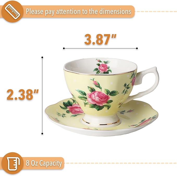 BTaT- Floral Tea Cups and Saucers Set of 2 (8 oz), Porcelain Tea Cup Sets, Pastel Yellow Color with Gold Trim, Dishwasher Safe