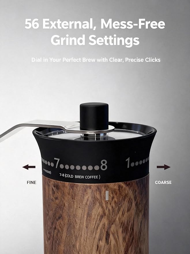 LAMIDO Mini Manual Coffee Grinder, 56 External Adjustable Settings, 30g Capacity, Portable Ceramic Conical Burr Mill with Crank, Single Dose Hand Grinder for Camping, Travel - Wood Grain